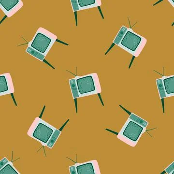 Retro media seamless pattern with tv technic ornament. Orange background. Mov Stock Illustration