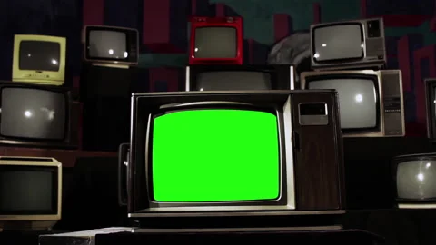 Retro Media Wall with Replaceable Green Screen and Smooth Dolly Zoom 4K Stock Footage 281369479