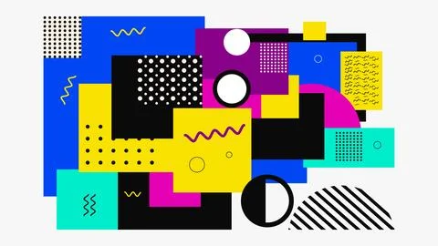 Retro memphis style abstract composition with geometric shapes, graphic desig 스톡 일러스트