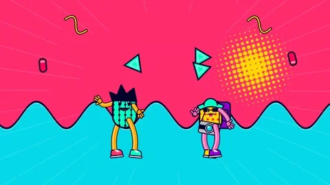 Retro Memphis Style Animation Of Funny Cartoon Characters Dancing Stock Footage 341366622