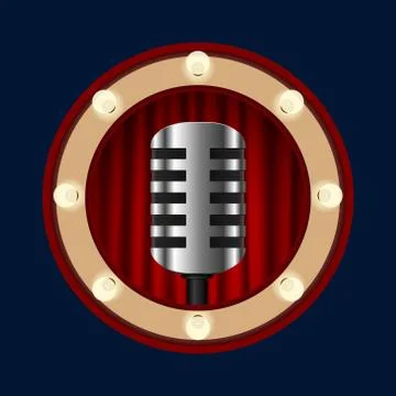 Retro microphone on a background of red curtains Stock Illustration