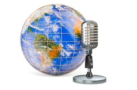 Retro microphone with Earth Globe. 3D rendering Illustrazione stock