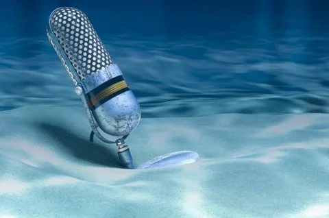 Retro microphone on ocean bottom underwater, 3D rendering Illustration