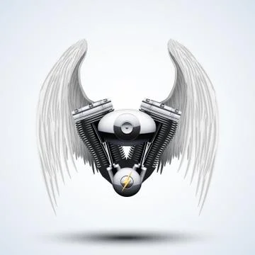 Retro motorcycle engine with White folded wings Stock Illustration