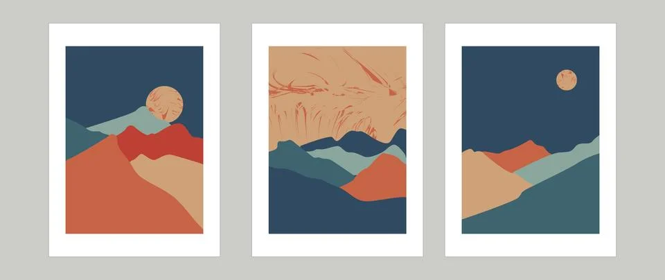 Retro mountains. Vector background. Mid-century landscape art with sun and .. Stock Illustration