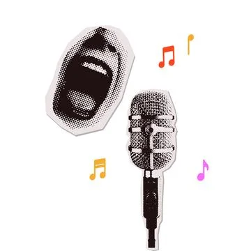 Retro music collage with simple composition of stage microphone and yelling lips Stock Illustration