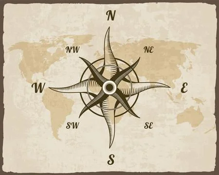 Retro nautical compass. Hand drawn wind rose on map background. Old vector Stock Illustration