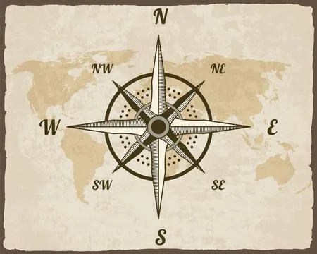 Retro nautical compass. Hand drawn wind rose on map background. Old vector Stock Illustration