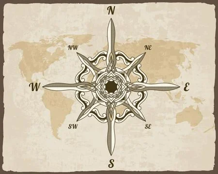 Retro nautical compass. Hand drawn wind rose on map background. Old vector Illustrazione stock