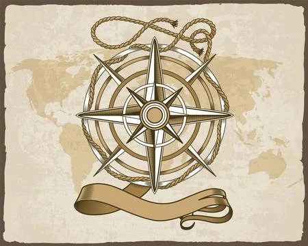 Retro nautical compass. Hand drawn wind rose on map background. Old vector Stock Illustration