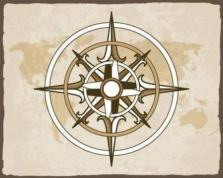 Retro nautical compass. Hand drawn wind rose on map background. Old vector Stock Illustration