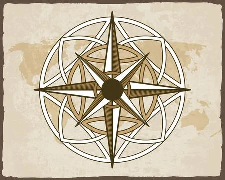 Retro nautical compass. Hand drawn wind rose on map background. Old vector Stock Illustration