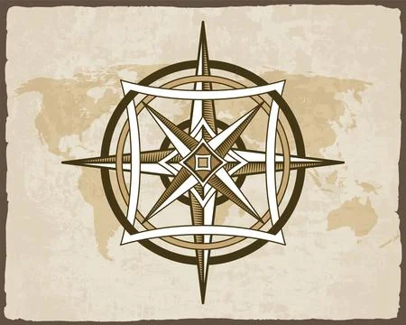 Retro nautical compass. Hand drawn wind rose on map background. Old vector Stock Illustration