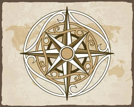 Retro nautical compass. Hand drawn wind rose on map background. Old vector Stock Illustration