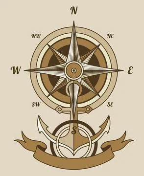 Retro nautical compass. Hand drawn wind rose. Old vector design element for Stock Illustration