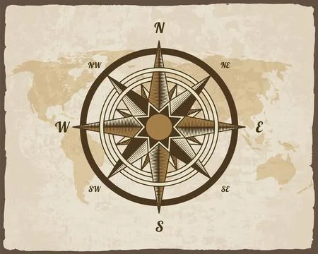 Retro nautical compass. Hand drawn wind rose on map background. Old vector Stock Illustration