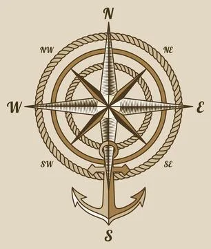 Retro nautical compass. Hand drawn wind rose. Old vector design element for Stock Illustration
