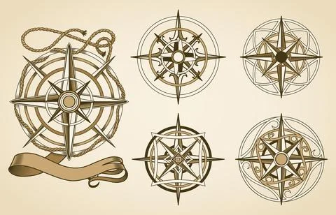 Retro nautical compass set. Hand drawn wind rose. Old vector design element for Stock Illustration