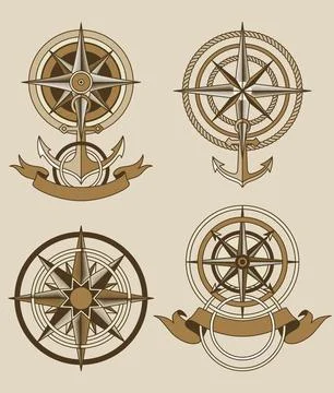 Retro nautical compass set. Hand drawn wind rose. Old vector design element for 스톡 일러스트