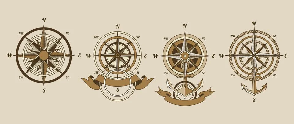 Retro nautical compass set. Hand drawn wind rose. Old vector design element for 스톡 일러스트