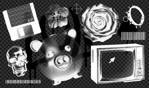 Retro negative halftone elements set for grunge mixed media design. Piggy bank Stock Illustration