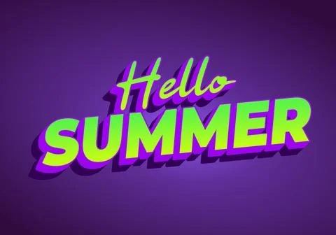 Retro neon 3d text Hello SUMMER in bright lime and purple on a deep purple .. Stock Illustration