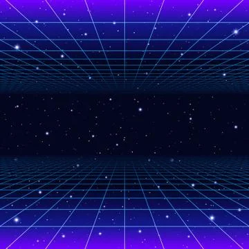Retro neon background with 80s styled laser grid and stars Illustrazione stock