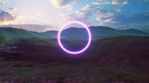 Retro Neon Circle Light on the Landscape Ground 4K Stock Footage 159651646