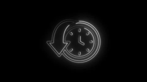 Retro neon clock with rewind arrow animation glowing white on black background Stockbeeldmateriaal 333961301