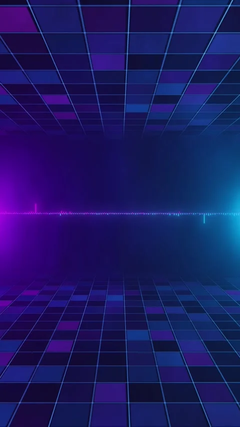 Retro neon equalizer grid purple and cyan floor tiles, glowing audio bars, and d Stock Footage 340564719