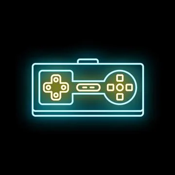 Retro neon gaming controller glowing on black background Stock Illustration