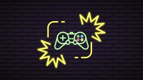 Retro neon gaming controller icon flickering on dark brick wall background .. Stock Footage 338314487