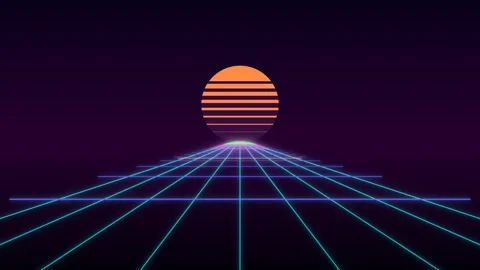 Retro neon grid landscape with glowing sun in 80s synthwave style Stock Footage 335941323