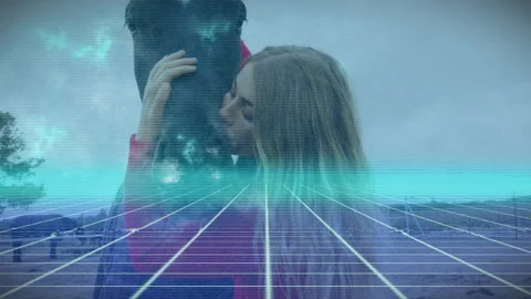 Retro neon grid overlay activating as caretaker stroking horse muzzle and Stock Footage 314101043