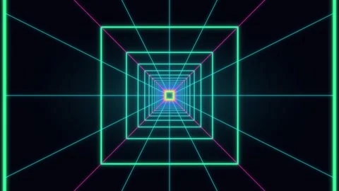 Retro neon grid tunnel flying through digital cyberspace Stock Footage 336995659
