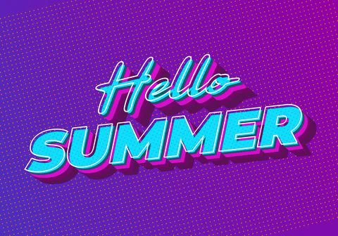Retro neon hello summer 3d text on vibrant purple dotted halftone background Stock Illustration