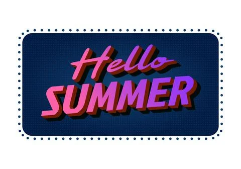 Retro neon hello summer text on dark dotted background with rounded rectang.. Stock Illustration