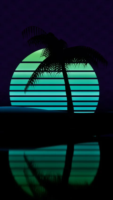 Retro neon palm tree silhouette against striped sun. 3d rendering Stock Footage 339933779