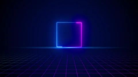 Retro neon square grid background blue purple glowing frame, dark horizon, and f Stock Footage 340416091