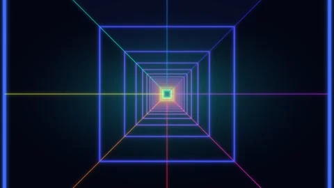 Retro neon wireframe tunnel with glowing color changing squares Stock Footage 336353337