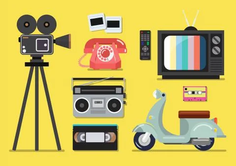 Retro objects flat style on a yellow background Stock Illustration