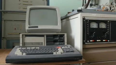 Retro old fashioned personal computer. Dusty pc Stock Footage 90444260