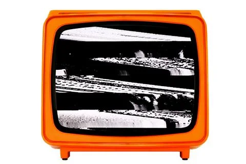Retro old Space Age Orange TV with Static Noise Glitch Effect Screen Stock Photos