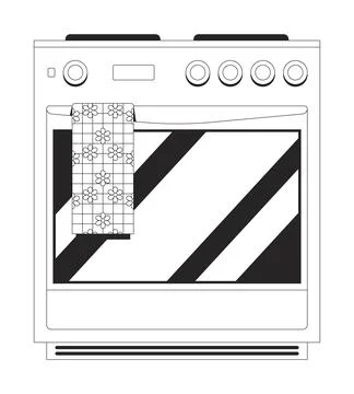 Retro oven with floral pattern towel 2D line object Stock Illustration