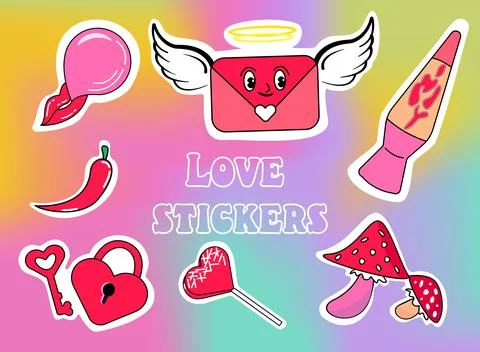 Retro Pack of Cute Stickers Vector Design. Trendy Girly Patches Collection. L Stock Illustration