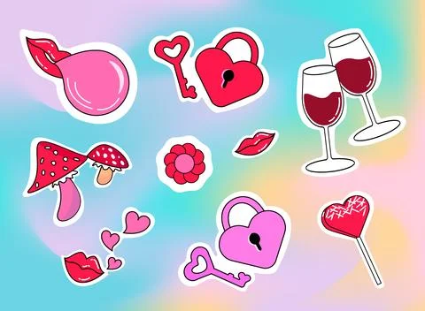 Retro Pack of Cute Stickers Vector Design. Trendy Girly Patches Collection. L Stock Illustration