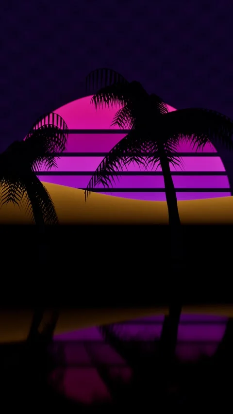 Retro palm trees on neon sunset horizon. 3d rendering Stock Footage 339933455