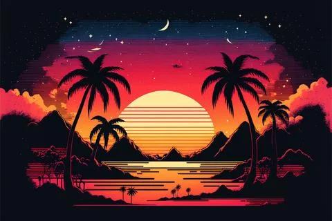 Retro palms vector sci fi background with ocean Stock Illustration