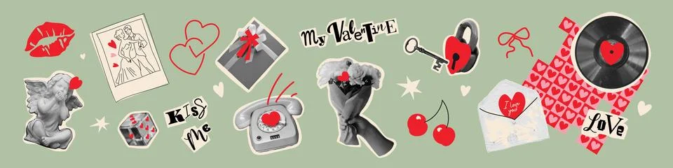 Retro paper cut collage elements for Valentines Day. Trendy vintage sticker.. Stock Illustration