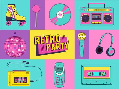 Retro party set 1990. Geometric music poster with 90s elements in pop art Stock-Illustration